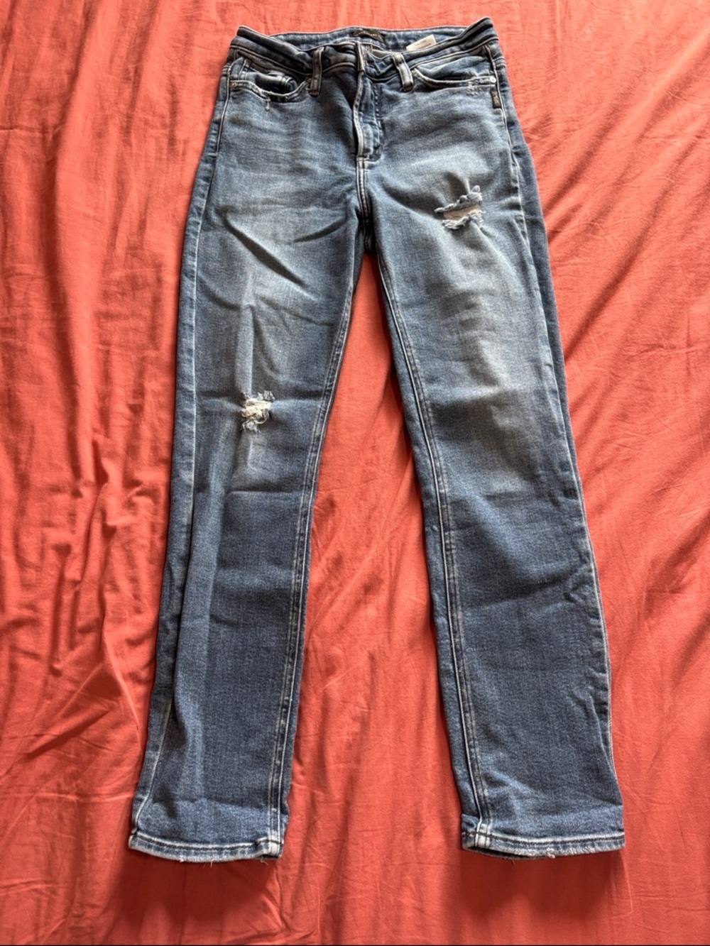 Distressed Straight-Leg Blue Jeans